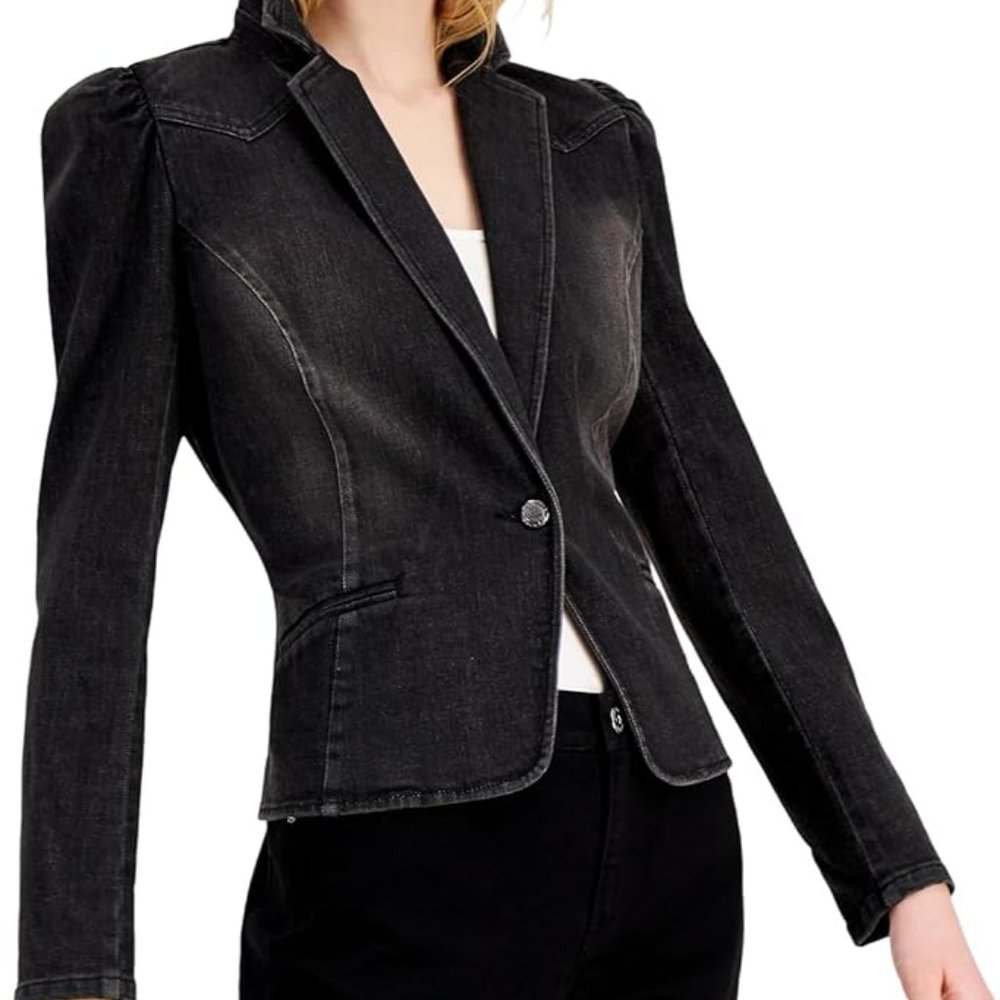 Petite Puff-Sleeve Denim Blazer, Created for Macy's